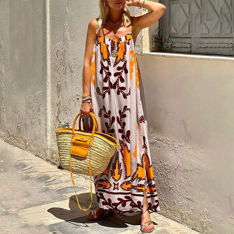 Maxi Dress Spring Women S New Style Elegant High Waist Printed Strap Casual Fashion Dress KQ