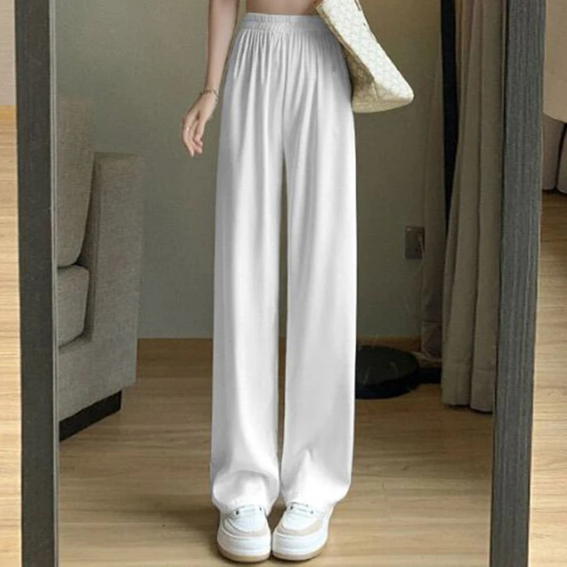 Summer Girls Thin Ice Silk Wide Leg Pants Female Casual High Waisted Straight Leg Trousers Lady Comfortable Satin Fabric Pants 250517