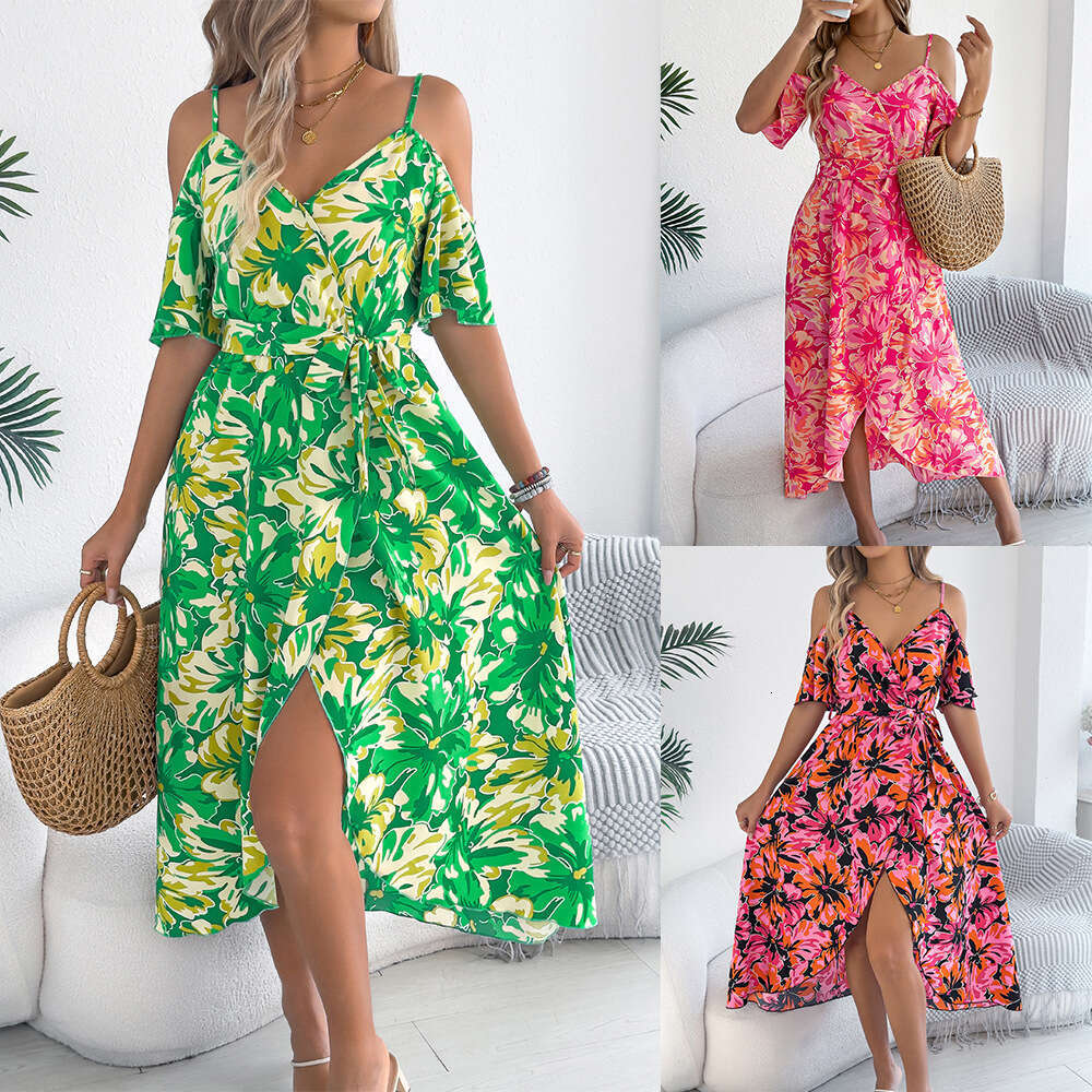 Maxi Dress Spring And Summer Off Shoulder Cross V Neck Floral Suspender Long Vacation Dress Women S Clothing Formai Dress