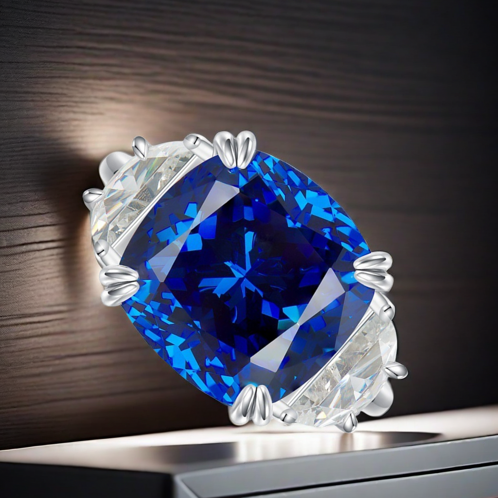 S925 sterling silver 13*13 artificial high-carbon diamond dreamy royal blue beautiful ring, European and American personalized fashion high-end royal 