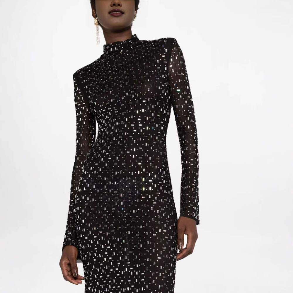 Maxi Dress Nanyou Light Luxury Women S Fashion Mesh Half High Collar Sleeve Hot Diamond Slimming Bag Hip Long Dress KQ