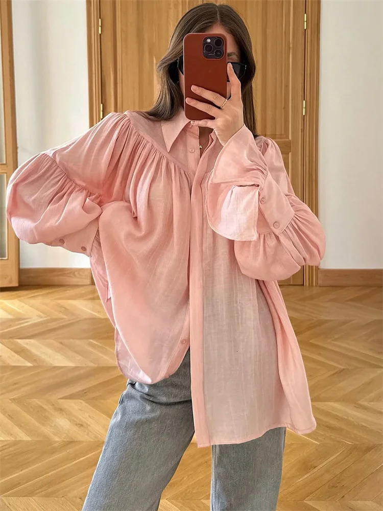 Tossy Summer Ruffled Loose Shirts Cardigan For Women Lapel Long Sleeve Casual Solid SeeThrough Blouse Female Pleated 250516Z