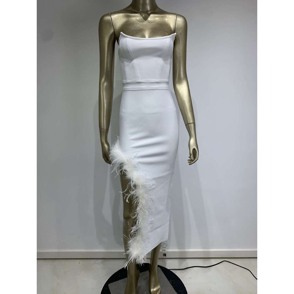 Maxi Dress New Pink Bandage Dress Fashionable Strapless And Leg Exposed Feather Party Dress Formai Dress