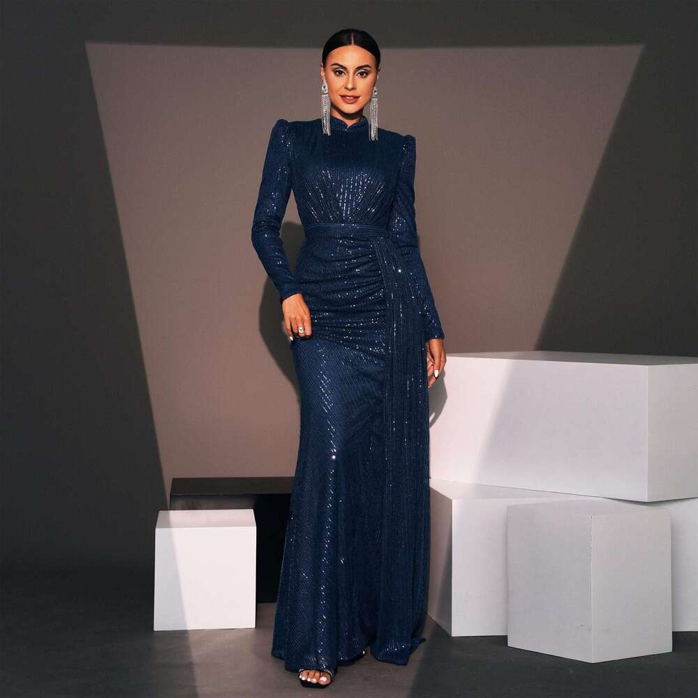 Maxi Dress Evening Gown Sleeved Temperament Round Neck Sexy Slim Fit Long Sequin Banquet Bridesmaid Dress For Women KQ