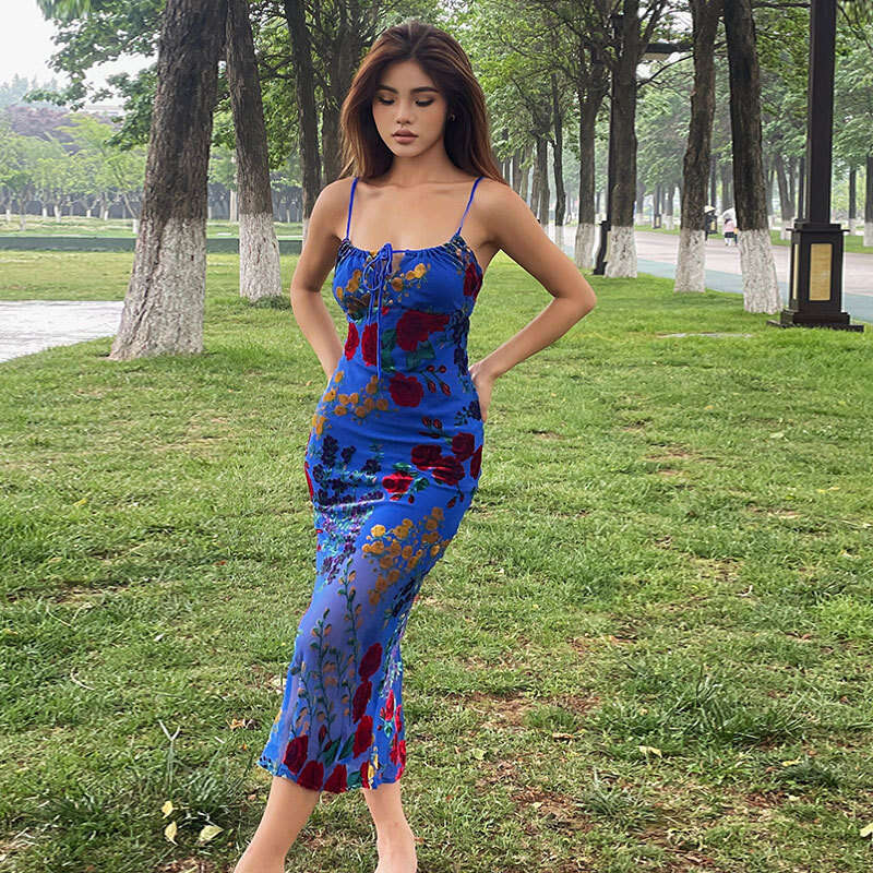 Fatal Woman Blue Velvet Burnt Flower Spicy Girl Hollow Back Slim Hanging Strap Dress