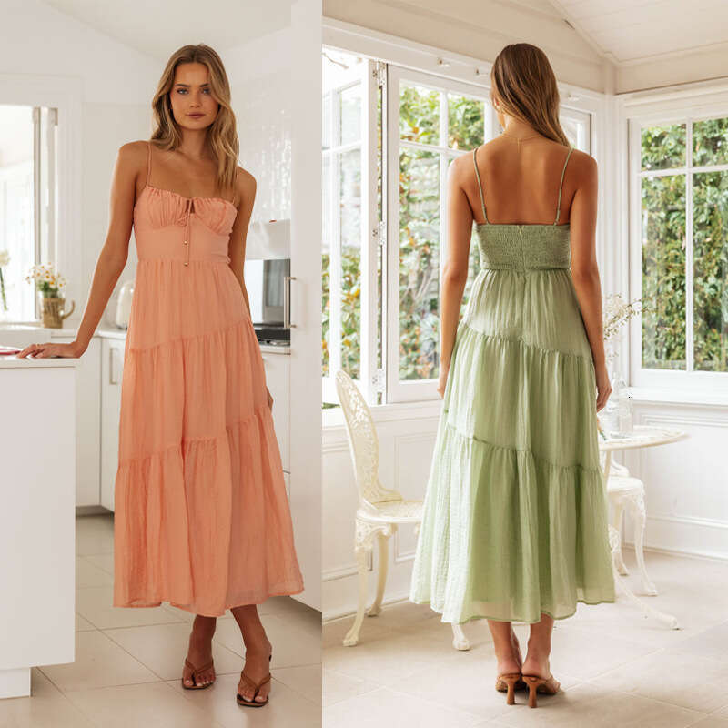Maxi Dress Women S New Sleeveless Patchwork Suspender Long Backless Lace Up Large Hem Dress KQ