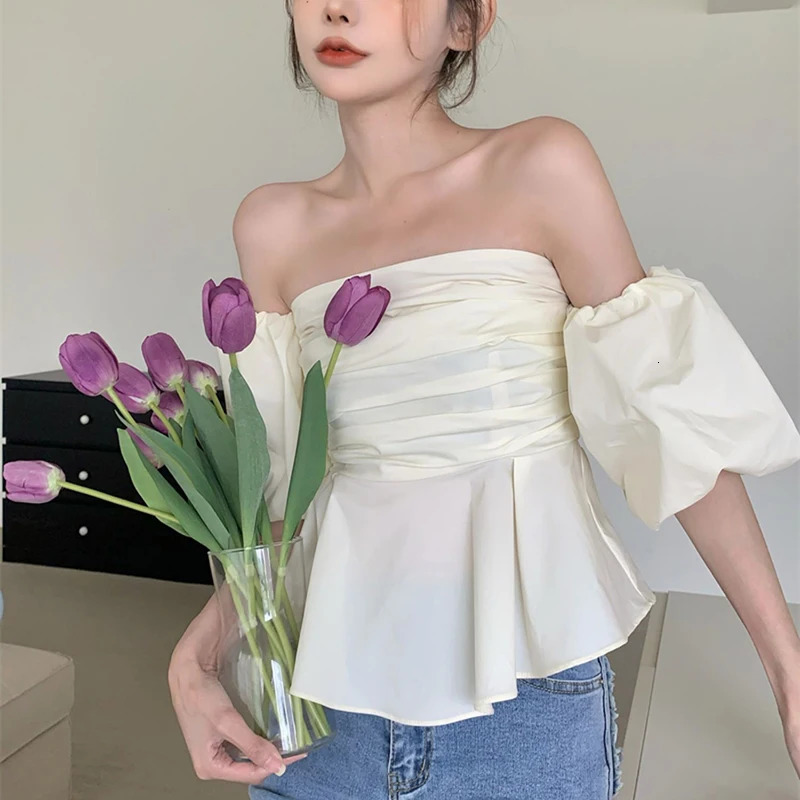 Beach Style Slash Neck Woman Solid Shirt Summer Off Shoulder Puff Short Sleeve Ladies Blouse Folds Sexy Backless Female Tops 250517