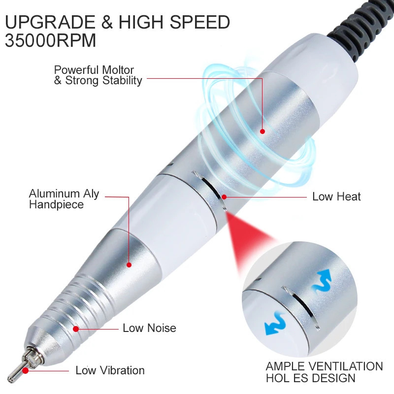 Professional Electric Nail Drill Handle 35000RPM Nail Art Drill Handpiece File Polish Grind Machine Manicure Drill Accessory 250517