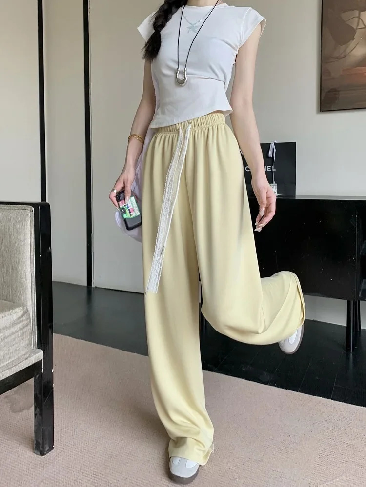 Womens casual lace brushed loose fitting pants for spring and summer 2025 solid elastic waist straight women 250506