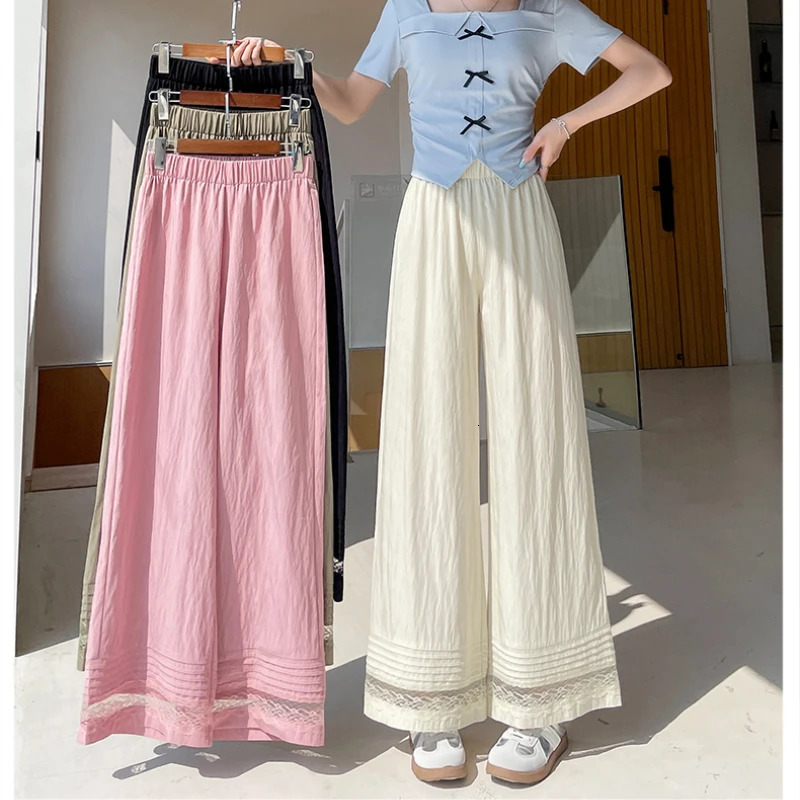 Spring and summer lace patch work womens wide leg ankle pants 2025 high waisted elegant straight loose 250506