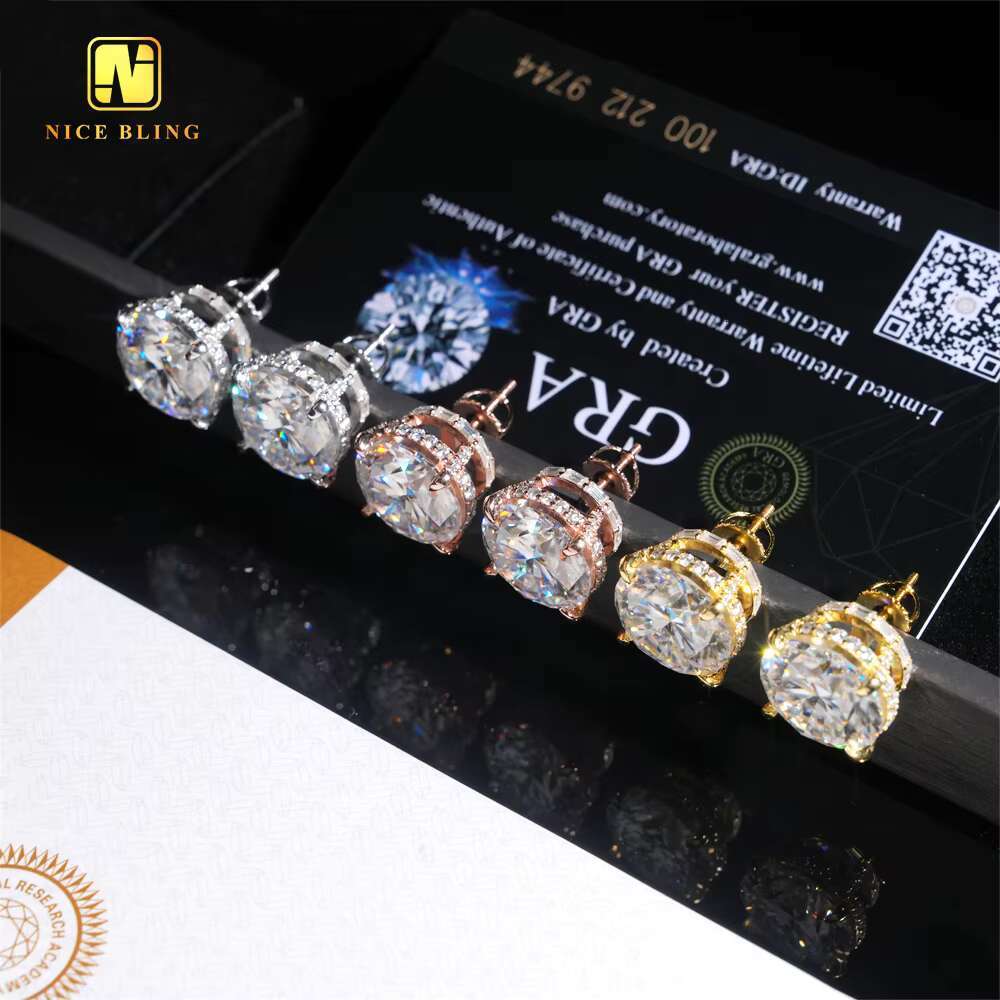 13mm Big Dia Stud Earring Round Brilliant Cut Hip Hop Jeweley Iced Out VVS Moissanite Sier Ear Studs for Men Women xs