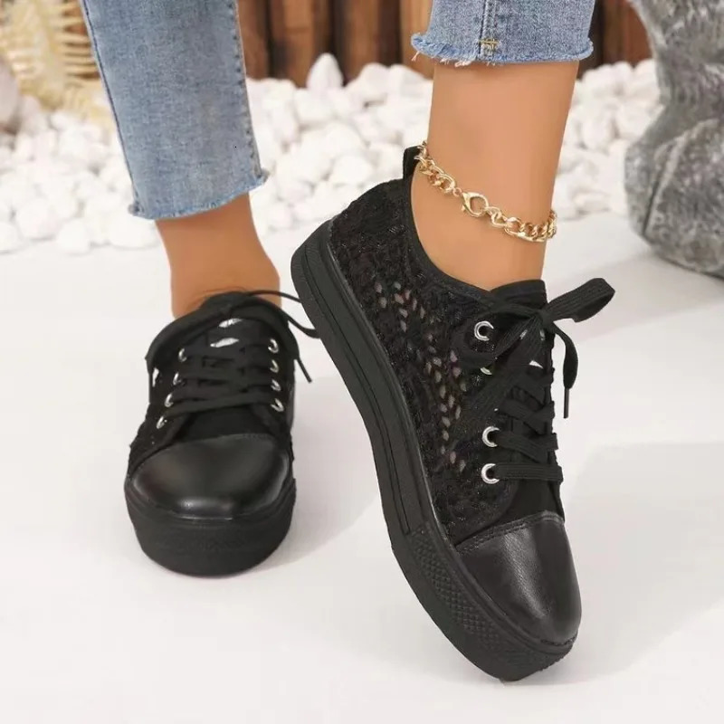 Women Shoes Fashion Summer Casual White Shoes Cutouts Lace Canvas Hollow Breathable Platform Flat Shoes Woman Sneakers 250610