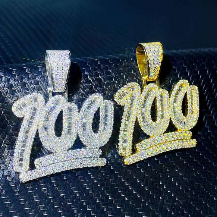 Hip Hop Jewelry Letter a Custom Charm Lucky Number 100 Pendant Baguette VVS Moissanite Iced Out Necklace