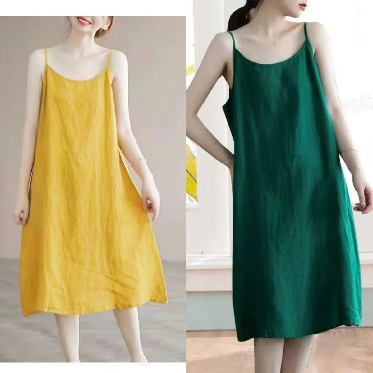 Women Casual Loose Strap Dress Retro Elegant Soft Cotton Linen Dress Sleeveless A-Line Straight Beach Holiday Dress Summer Thin 250517