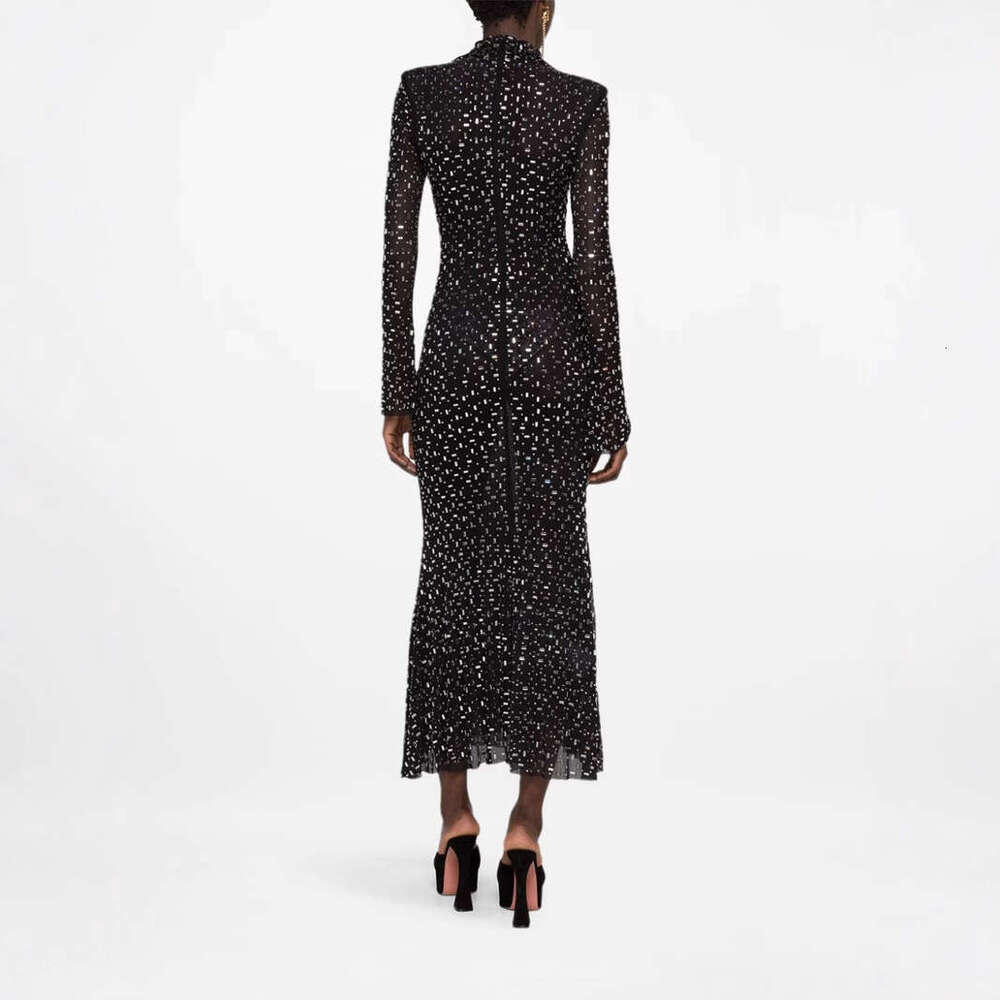 Maxi Dress Nanyou Light Luxury Women S Fashion Mesh Half High Collar Sleeve Hot Diamond Slimming Bag Hip Long Dress KQ