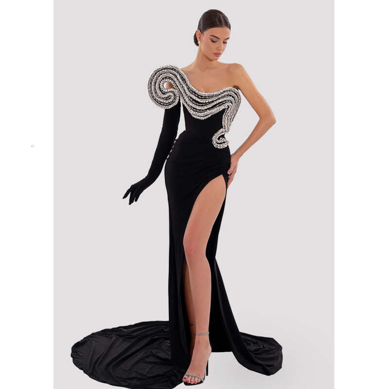 Maxi Dress Diamond Shaped Design High Slit Single Shoulder Sleeveless Black Dress Socialite Dinner Red Carpet Dress KQ