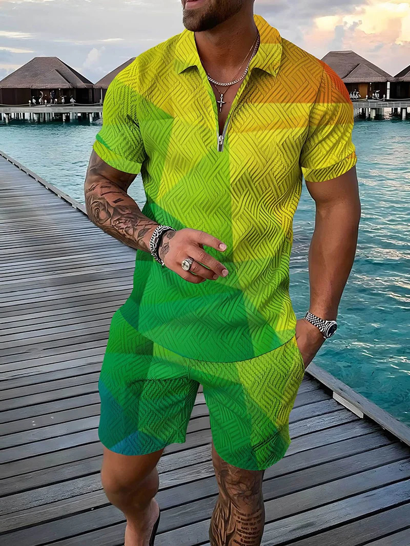 Color Squares Pattern 3D Print Mens Tracksuit Sets Casual Zipper Polo Shirt And Shorts 2pcs Sets Trend Streetwear Man Clothing 250517