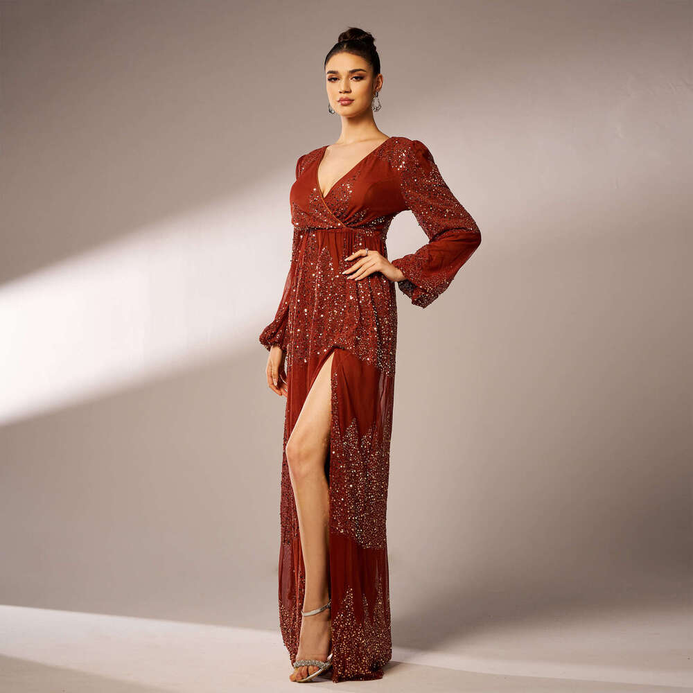 Maxi Dress High End Sleeved Temperament V Neck Sexy Long Sequin Banquet Evening Bridesmaid Women S Dress KQ