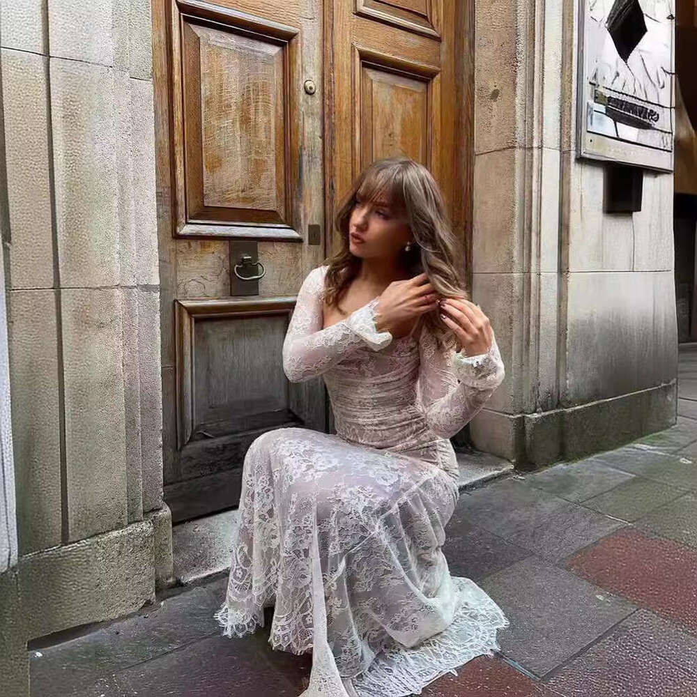 Maxi Dress Lace High End Creamy White Long Dress Mesh Slim Fit Sexy Women S Clothing Formai Dress