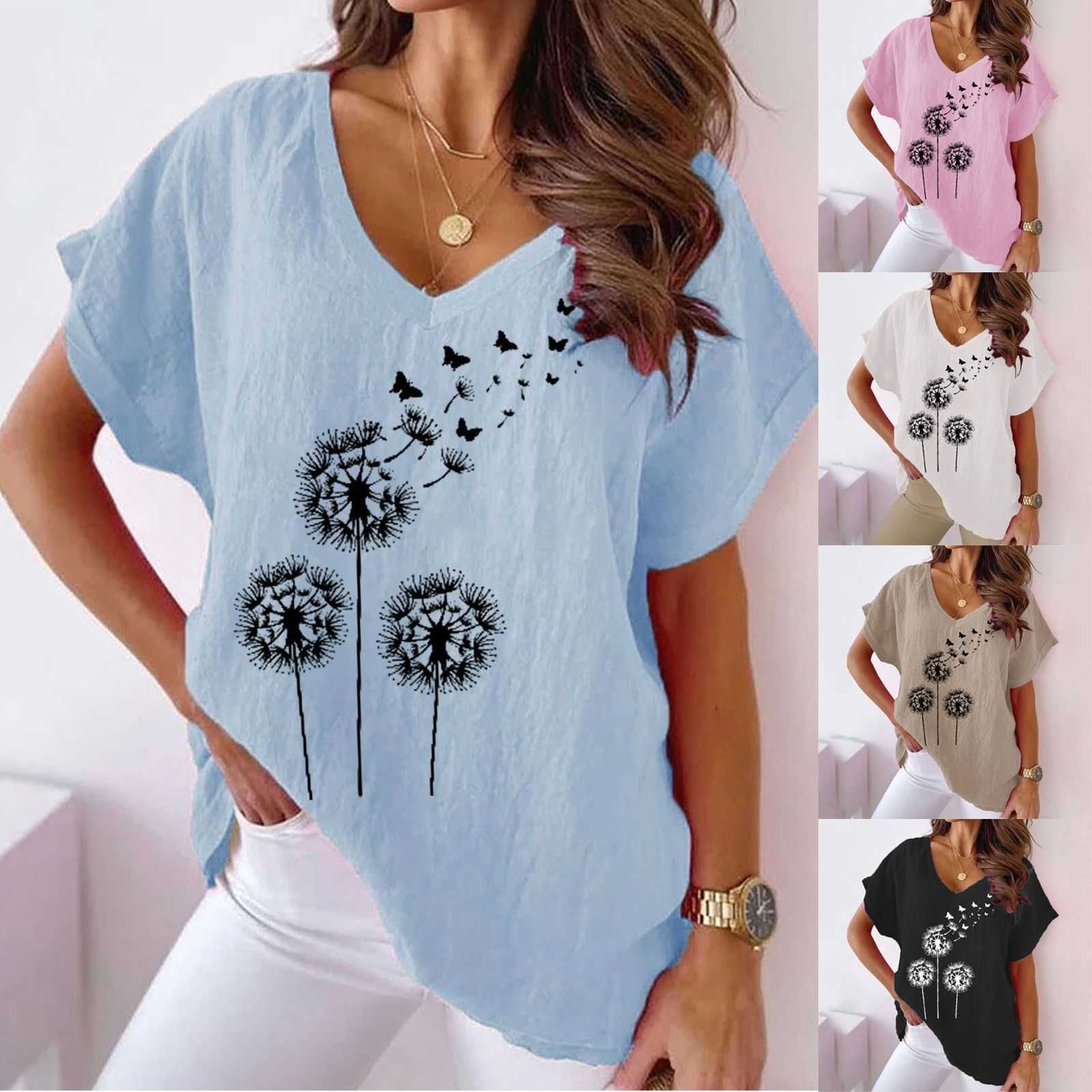 2023 Summer Plus Size Womens Printed V-neck Ice Silk Bamboo Knot Casual Bat Short Sleeved T-shirt