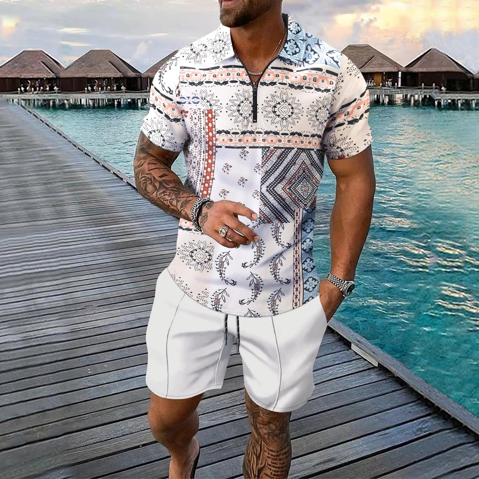 summer mens short sleeve zipper printed Polo shirt shorts Beach Hawaiian style two-piece suit 250517
