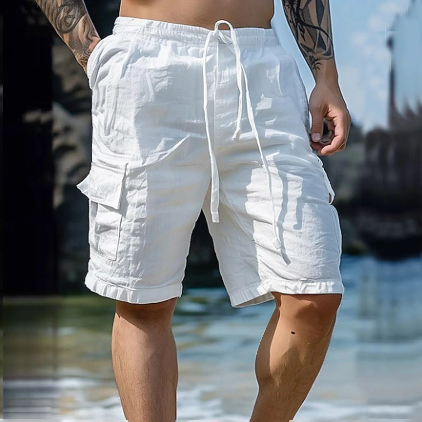 Summer Fashion Loose White Cargo Shorts Mens Handsome Streetwear Beachwear Solid Color With Pockets Shorts Workout Pants 250517