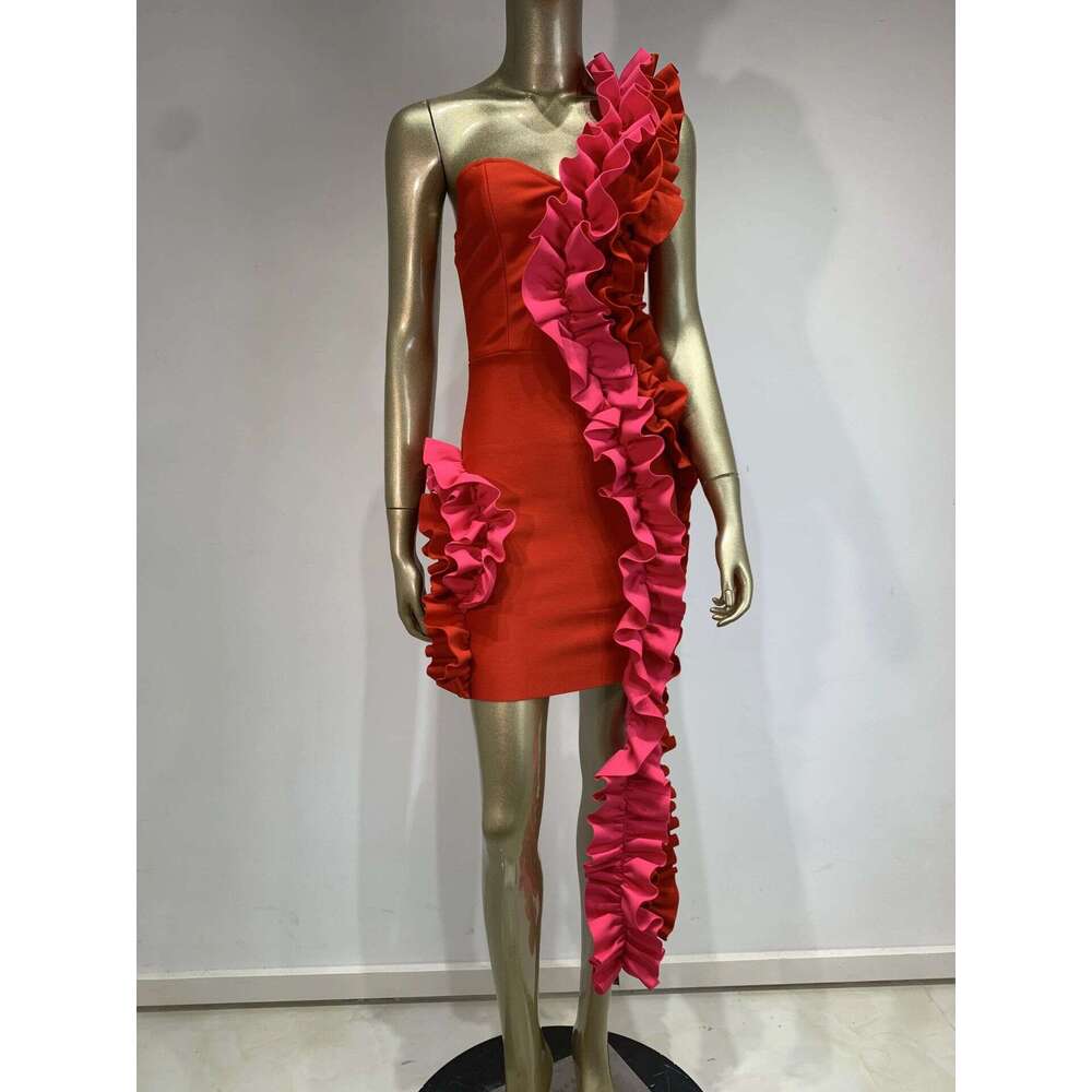 Maxi Dress INS One Shoulder Wooden Ear Wrapped Hip Bandage Banquet Party Dress KQ