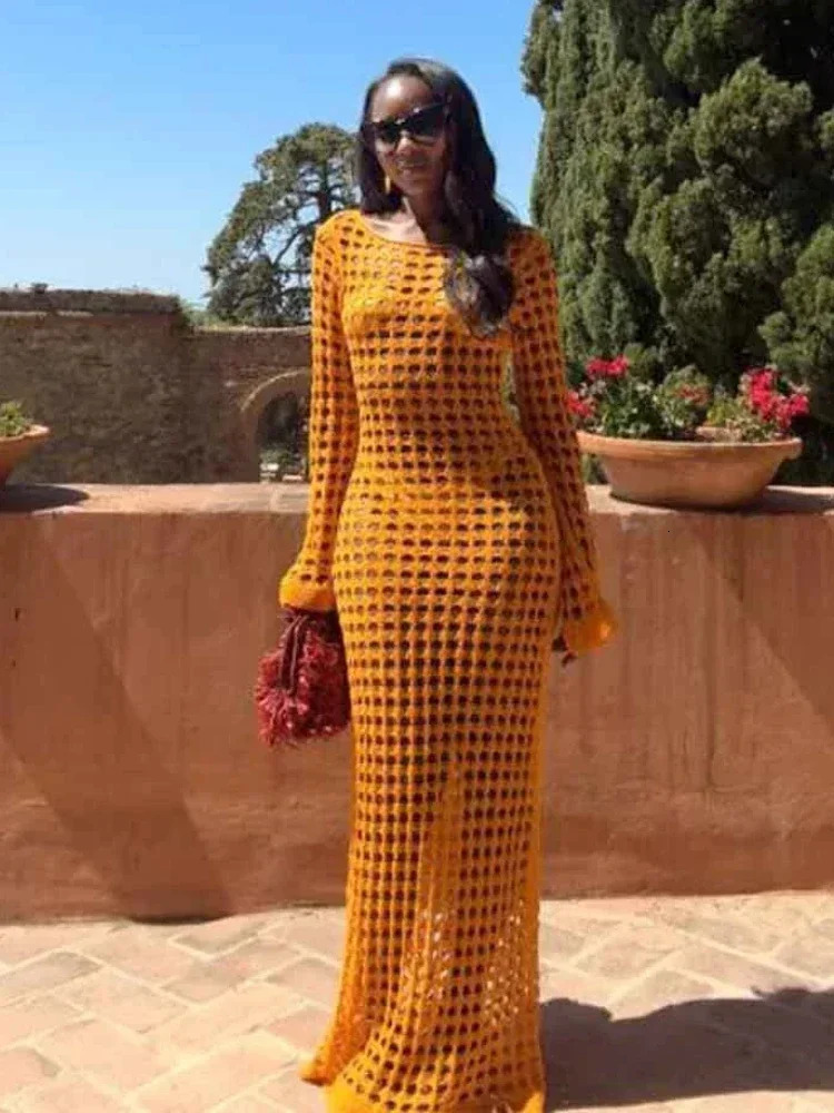 Sexy Cut Out Bell Sleeve Solid Knit Crochet Beach Maxi Dress Women Summer Chic Swimsuit Cover Up Elegant Party Outfit K23 250517