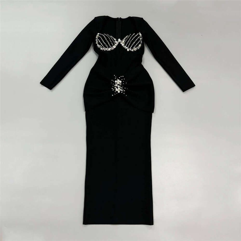 Maxi Dress New Sleeved Bandage Temperament Long Skirt Fashionable Dress Heavy Duty Custom Made Diamond Women S Dress With Temperament KQ