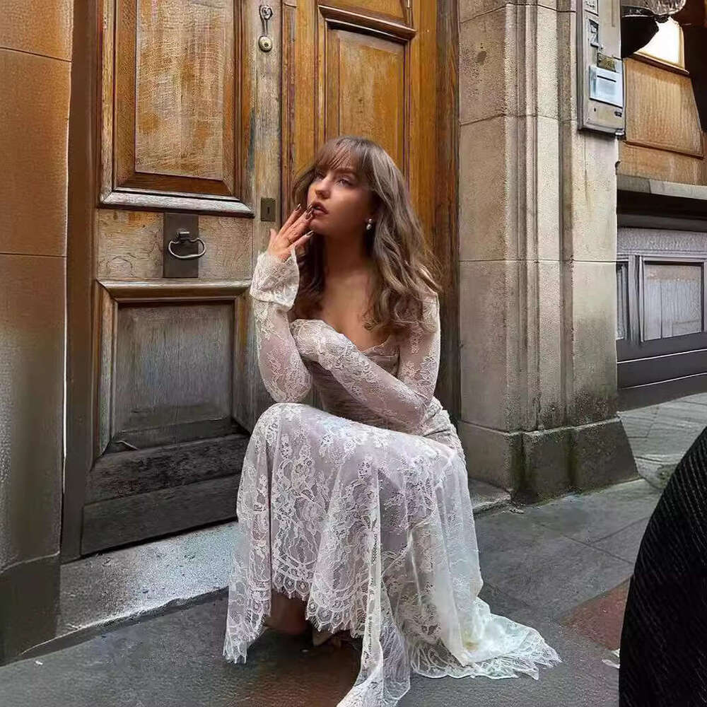 Maxi Dress Lace High End Creamy White Long Dress Mesh Slim Fit Sexy Women S Clothing Formai Dress