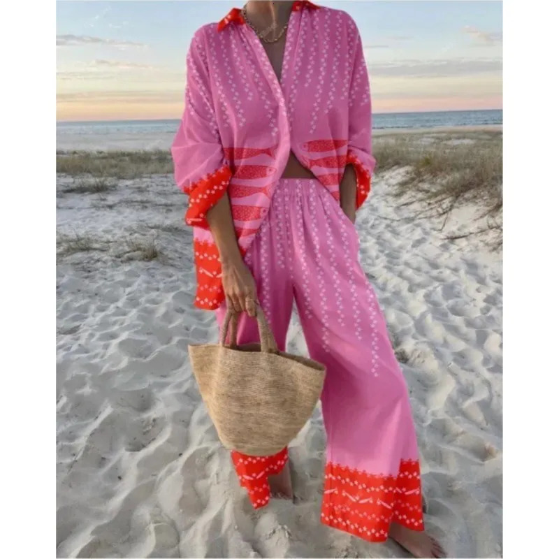 Vacation Style Cruise Print Two-Piece Cruise Outfit Seaside Tropical Print Lapel Shirt Wide-Leg Pants Suits For Women 250517