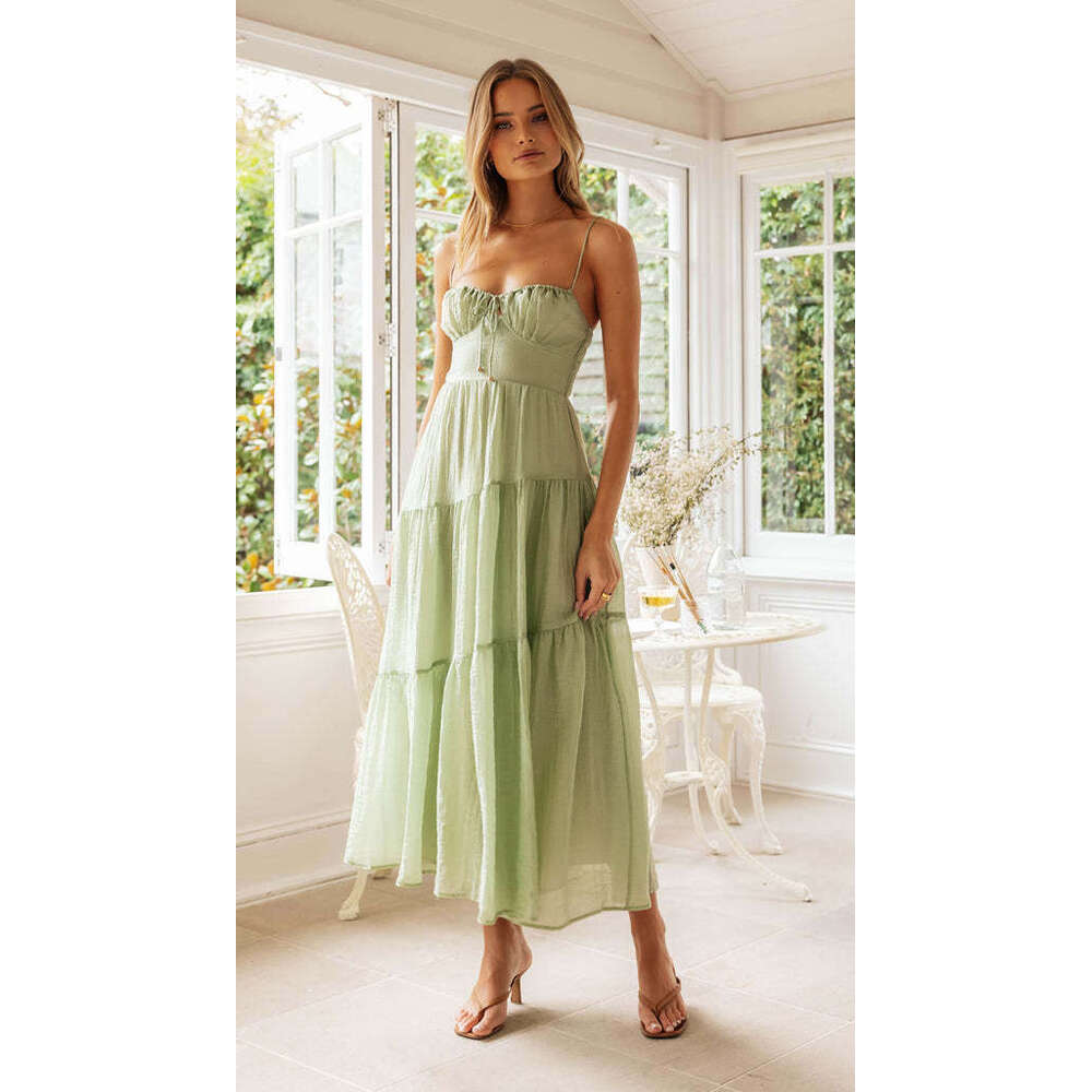 Maxi Dress Women S New Sleeveless Patchwork Suspender Long Backless Lace Up Large Hem Dress KQ