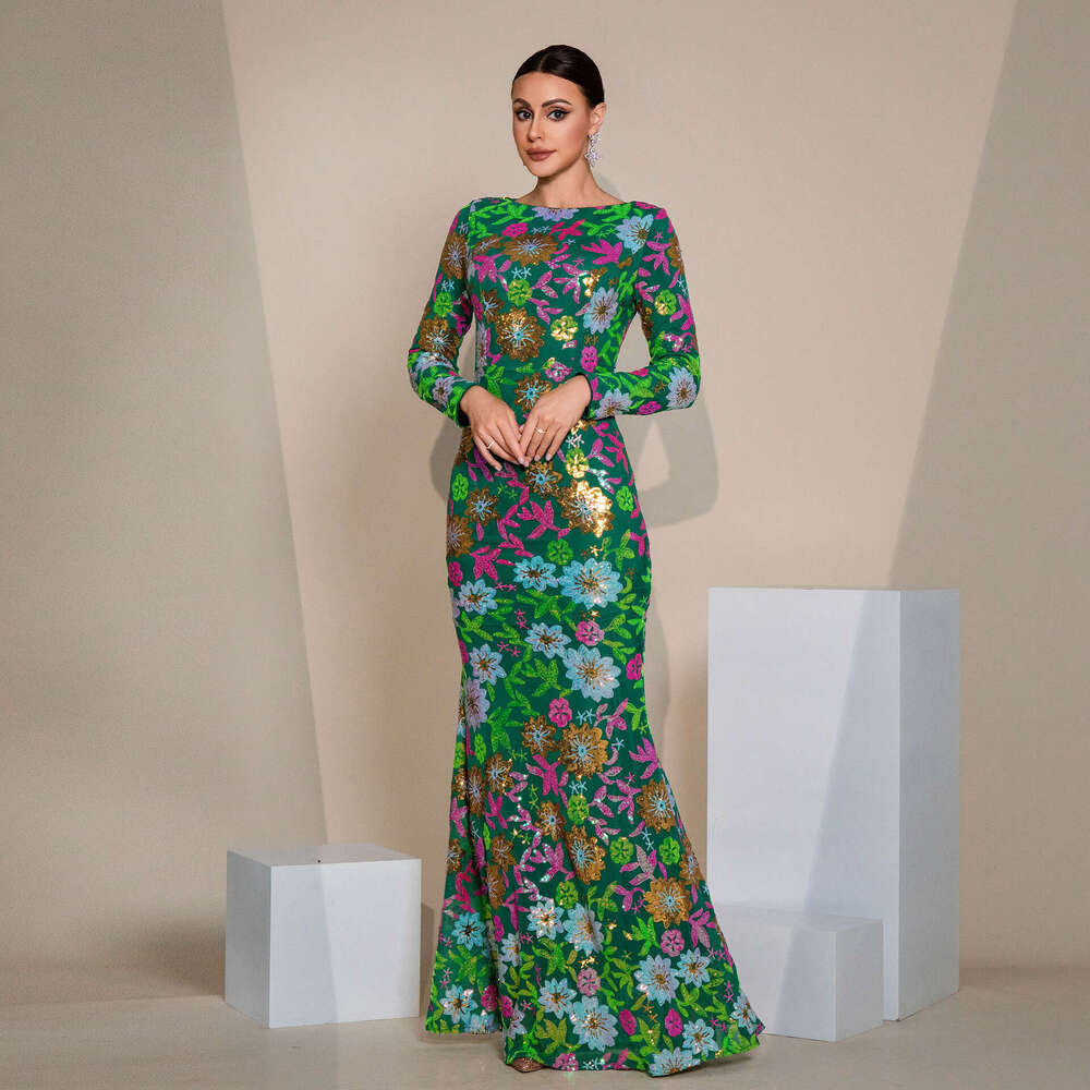 Maxi Dress Evening Gown Sleeved Temperament Round Neck Sexy Slim Fit Long Sequin Banquet Bridesmaid Dress For Women Long Dress