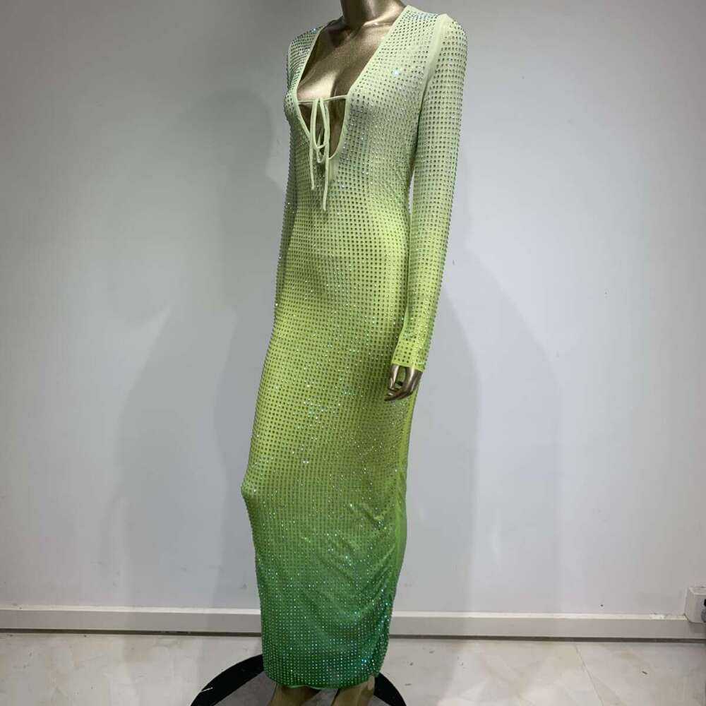 Maxi Dress New Hot Diamond Gradient Green Dress Fashionable Long Sleeved Deep V Party Dress KQ