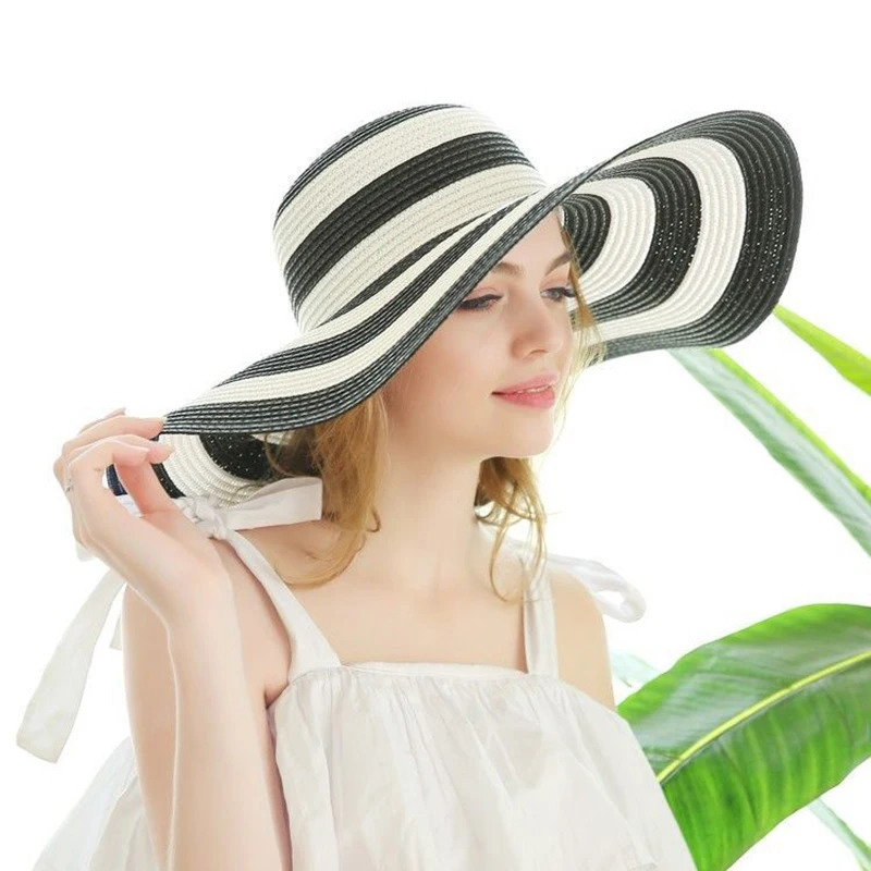 Oversize Large brim sunshade sunscreen Sun Hat Women summer seaside vacation beach striped straw hat sun helmet Cap 250513