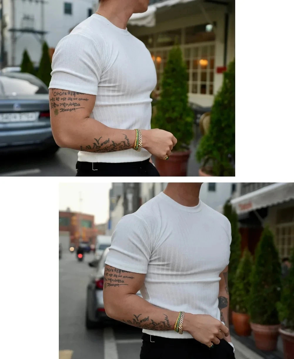 Fashion Muscle Fitness Mens Summer Sports Fitness Leisure Round Neck Elastic Short Sleeve Vertical Stripe T-shirt 250517