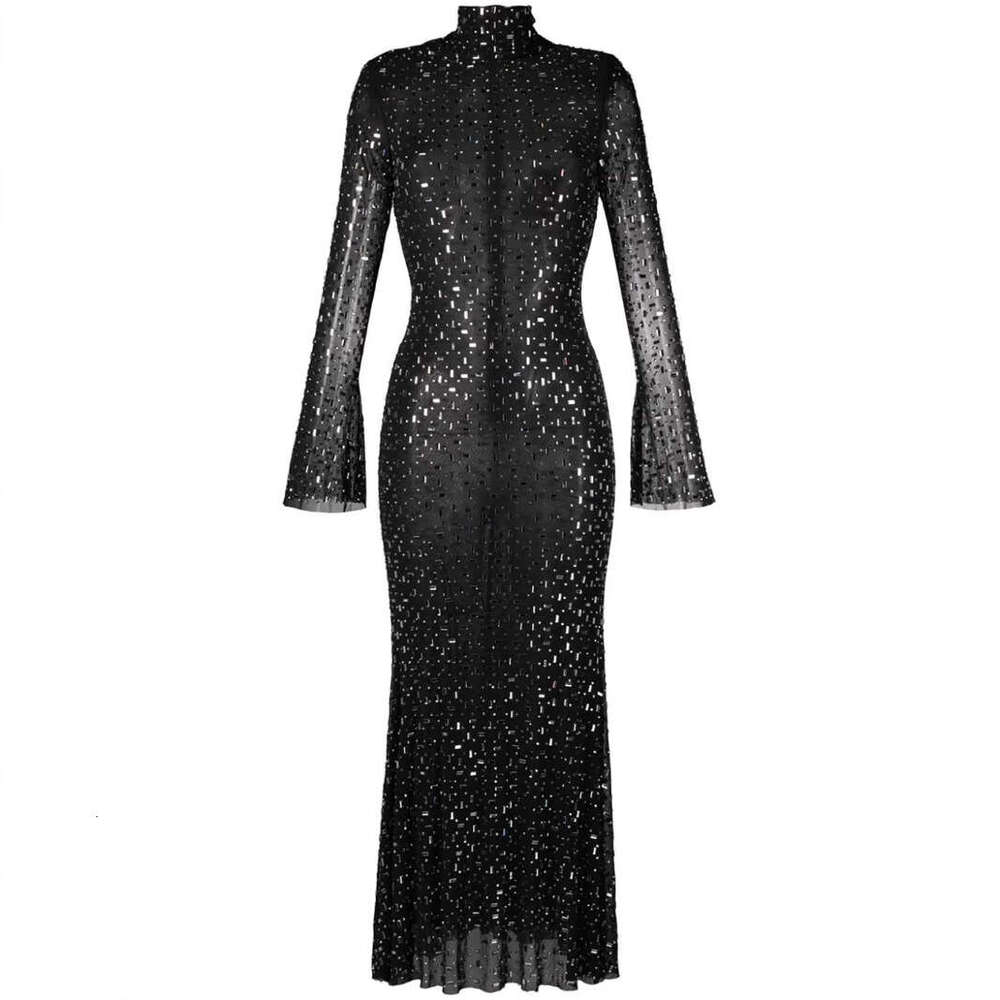 Maxi Dress Nanyou Light Luxury Women S Fashion Mesh Half High Collar Sleeve Hot Diamond Slimming Bag Hip Long Dress KQ