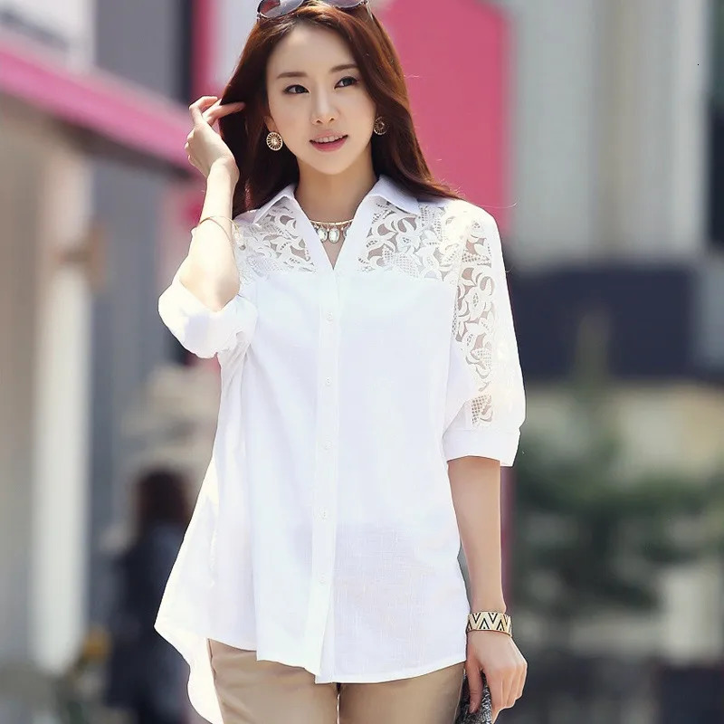Sexy Lace Patchwork White Chiffon Button Up Shirt for Women Summer Casual Simple Loose Half Sleeve Ladies Tops Blouses Clothing 250516Z