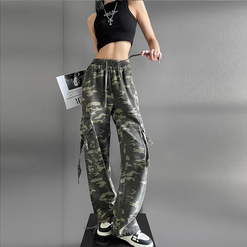 High Waist American Style Camouflage Work Pants Straight Leg n Sensation Casual Workwear Trousers for Shorties 250506