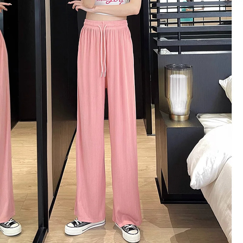 Summer Women High Waist Wide Leg Pants Lady Cute Green Pink Baggy Straight Leg Trousers Female Cool Ice Silk Outside Slacks 250517