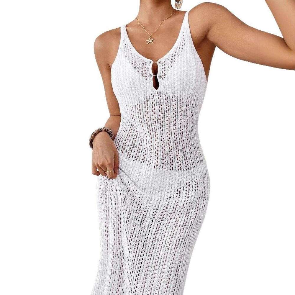 Maxi Dress New Hollow Texture V Neck Sleeveless Vacation Dress Beach Sun Protection Backless Long Dress KQ