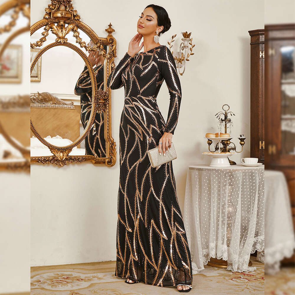 Maxi Dress High End Temperament Sleeved Round Neck Sexy Long Sequin Banquet Evening Bridesmaid Women S Dress KQ