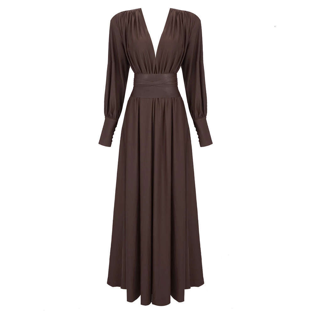 Maxi Dress Spring And Summer New Design Waist Sealed Pleated French Dress Coffee Colored V Neck Long Sleeved Women S Clothing KQ