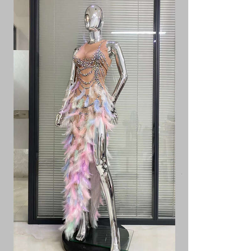 Sexy sleeveless round neck dress with rhinestone feather patchwork skirt, female singer performance outfit
