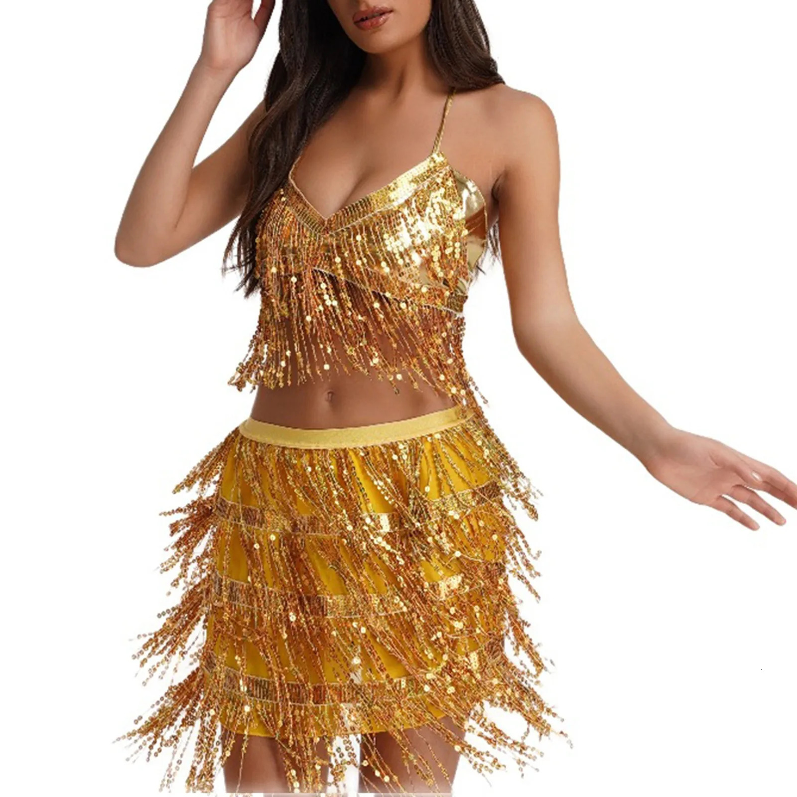 Sexy Sequins Draped Details Two Pieces Sets Y2k Fashion Shiny Women Halter Crop Top Tassel Mini Skirt Female Skirts Set 250516