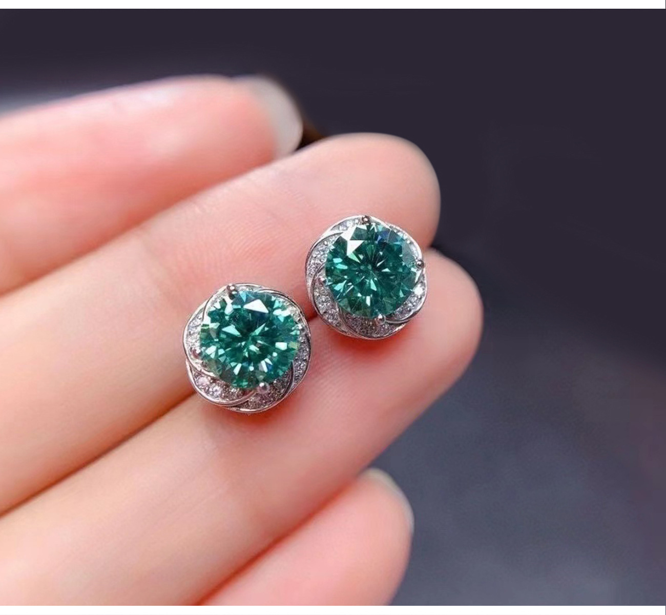 2025 Handamde 1CT Round Cut Blue Green Lab Mossainte Diamond Luxury Jewelry Real 925 Sterling Silver Women Fashion Party Wedding Flower Stud Earring G