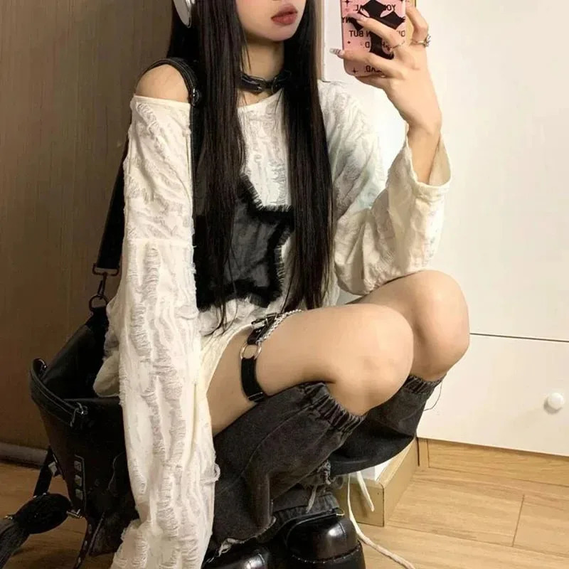 Y2K Hole Star Print T-Shirt Women Fashion Streetwear Off Shoulder Tops Summer Oversized Kpop Long Sleeve Loose Tees Ladies 250517