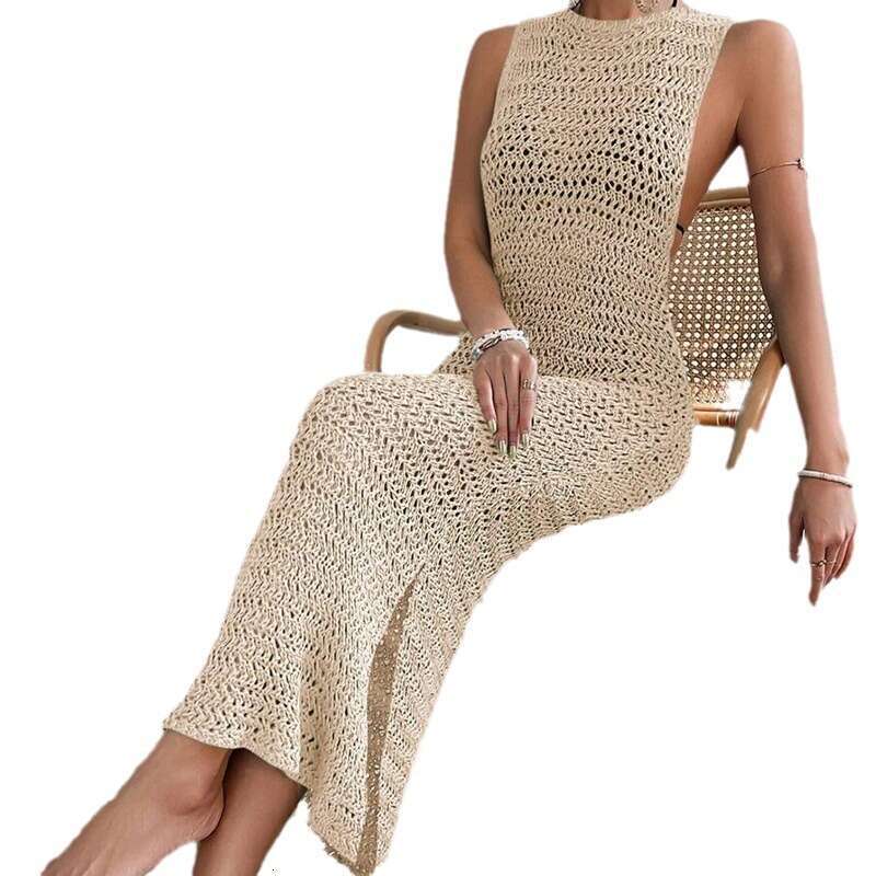Maxi Dress Seaside Beach Hollow Knitted Long Skirt Strap Bareback Sexy Dress Formai Dress