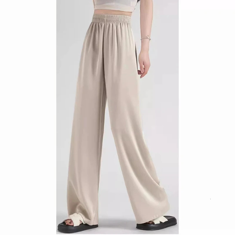 Summer Girls Thin Ice Silk Wide Leg Pants Female Casual High Waisted Straight Leg Trousers Lady Comfortable Satin Fabric Pants 250517