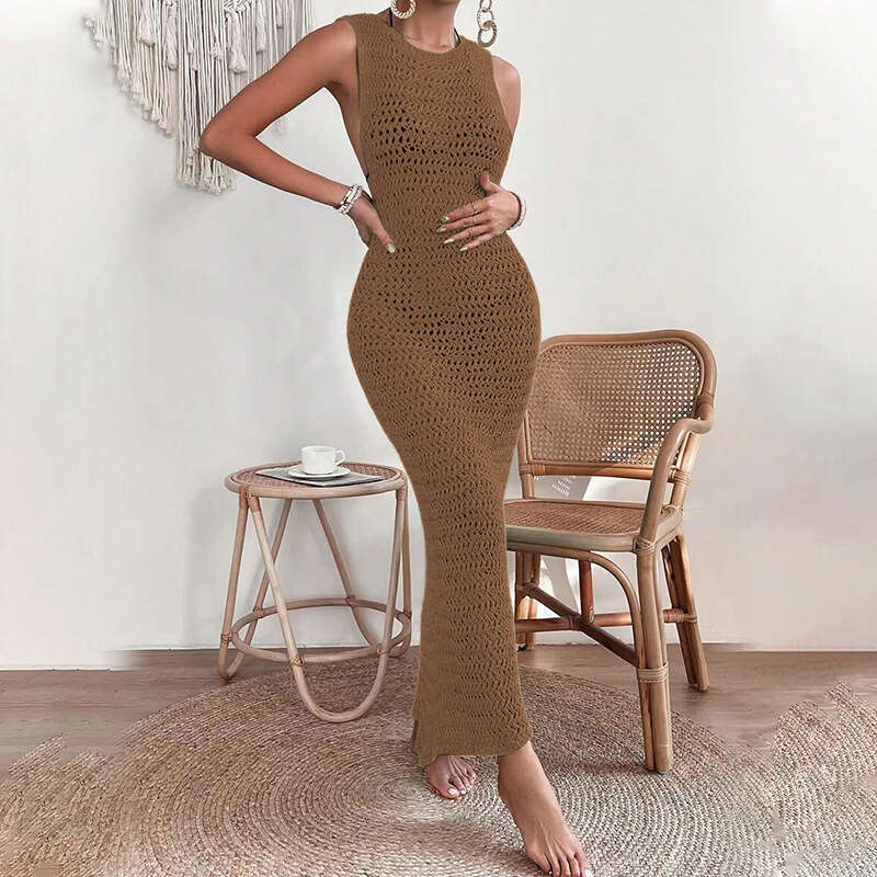Maxi Dress Seaside Beach Hollow Knitted Long Skirt Strap Bareback Sexy Dress Formai Dress